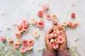 Woman`s hand holding beautiful bunch of mini roses