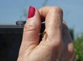 Woman`s hand holding camera with wasp Royalty Free Stock Photo