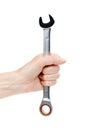 Woman's hand holding a chrome wrench.