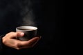A Woman\'s Hand Holding A Cup Of Steaming Coffee