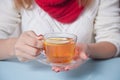 Woman`s hand holding cup of tea with piece of lemon Royalty Free Stock Photo
