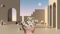 Woman`s hand holding daisies, spring and flowers idea, over dreamy terrace, empty space, concrete rosy walls, arched windows,