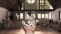 Woman`s hand holding daisies, spring and flowers idea, over modern loft with mezzanine and staircase, open space, bedroom, living