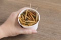 Woman`s hand holding disposable cup which containing Bamboo Caterpillar, Worm fried crispy for take-away. Food Insects for eating