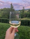 Woman`s hand holding glass of white wine across beautiful mountains landscape and sunset. Vertical. Alcohol. Travel. Green tourism