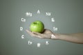 Woman`s hand holding green apple, microelement icons in molecular hexagons on grey background.