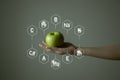 Woman`s hand holding green apple, microelement icons in molecular hexagons on grey background.