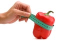 Woman's hand holding measuring tape with paprika.