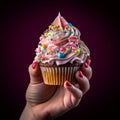 Woman\'s hand holding a multicolored creamy cupcake over dark magenta background, close up. Hand holding unicorn cupcake