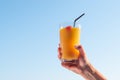 Woman`s hand raising glass with refreshing orange cocktail in the air. Royalty Free Stock Photo