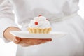 Woman's hand holding plate with a cake Royalty Free Stock Photo