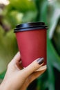 Woman`s hand holding red cup of coffee on green natural background Royalty Free Stock Photo