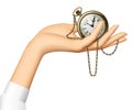 Woman`s hand holding a retro pocket watch with chainlet Royalty Free Stock Photo