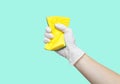 Woman`s hand, holding a sponge on pastel green background Royalty Free Stock Photo