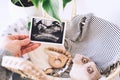 Woman`s hand holding ultrasound images in background of wicker basket of stuff for newborn baby Royalty Free Stock Photo