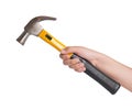 Woman's hand holding used hammer on white background.
