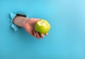 A woman`s hand holds a bitten apple through a hole in the paper on a blue background