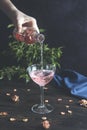 Woman`s hand holds a bottle and pouring champagne in elegant wineglass on dark wooden table surface with dry roses Royalty Free Stock Photo