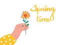 Woman's hand holds a flower and the inscription nearby is Time of Spring. Vector spring illustration suitable for Royalty Free Stock Photo