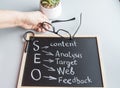 A woman`s hand holds glasses over a black Board with handwritten text Search engine optimization Royalty Free Stock Photo