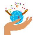 Woman`s hand holds a globe with children`s hands. Woman`s hand holds a globe. Vector illustration poster Royalty Free Stock Photo