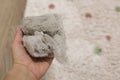A woman`s hand holds a large ball of dust on the background of the carpet, which she took out of the vacuum cleaner after cleanin Royalty Free Stock Photo
