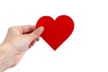 A woman`s hand holds a paper red heart in her hands on a white background. The concept of Valentine`s Day, Love, Likes. Isolate Royalty Free Stock Photo