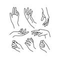 Woman`s hand icon collection line. Vector Illustration of Elegant female hands of different gestures.