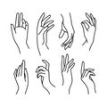 Woman`s hand icon collection line. Vector Illustration of Elegant female hands of different gestures. Royalty Free Stock Photo