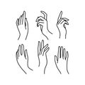 Woman`s hand icon collection line. Vector Illustration of Elegant female hands of different gestures. Royalty Free Stock Photo