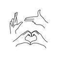 Woman`s hand icon collection line. Vector Illustration of female hands of different gestures - symbol Gun, Lucky, heart