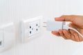 Woman`s Hand Inserting Electrical Power Cord Plug into Receptacle on wall outlet Royalty Free Stock Photo
