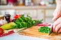 Female hand with knife cuts parsley in kitchen. Cooking vegetables Royalty Free Stock Photo