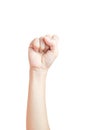 A woman`s hand lifted a thumbs up symbol fist Represents the fight isolated on white background and clipping path Royalty Free Stock Photo