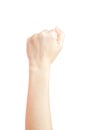 A woman`s hand lifted a thumbs up symbol fist Represents the fight isolated on white background and clipping path Royalty Free Stock Photo