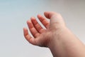 Woman`s hand on a light background. Open palm