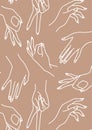 Woman`s hand line pink and white Background. Vector Print of female hands of different gestures