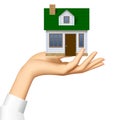 Woman`s hand offer a small model of white realistic house with g