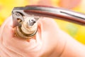 A woman`s hand opens a bottle of white wine with a corkscrew.. Top view. Royalty Free Stock Photo