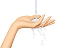 Woman`s hand palm up with water stream flowing on them.