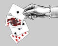 Woman`s hand with playing cards fan. Vintage engraving stylized