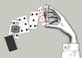 Woman`s hand with playing cards fan. Vintage engraving stylized Royalty Free Stock Photo