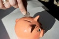 A woman`s hand puts a Russian coin into a piggy bank