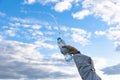 A woman`s hand raises a highly transparent bottle of pure mineral water. Splashes are flying against the background of a blue sky Royalty Free Stock Photo