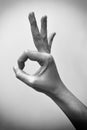 Woman`s hand showing sign ok, alright, well done sign. isolated on white background. Hand sign concept. Black and white tone