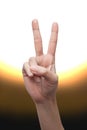 Woman`s hand showing victory gesture. Hand sign concept. isolated on gradient background Royalty Free Stock Photo