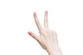 WomanÃ¢â¬â¢s hand shows up three fingers as number three on white background Royalty Free Stock Photo