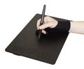 A woman`s hand in a special glove draws on a graphic tablet, white background, isolated. Side view, tools for graphic drawing