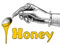 Woman`s hand with a spoon with yellow honey flowing down and let