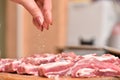 A woman`s hand sprinkles spices on raw pork meat. Seasoning for meat. Close-up Royalty Free Stock Photo